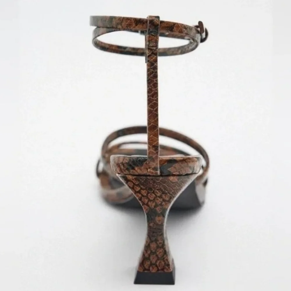 Zara Snake Print Double Strap Leather Sandal Heels - Picture 4 of 8